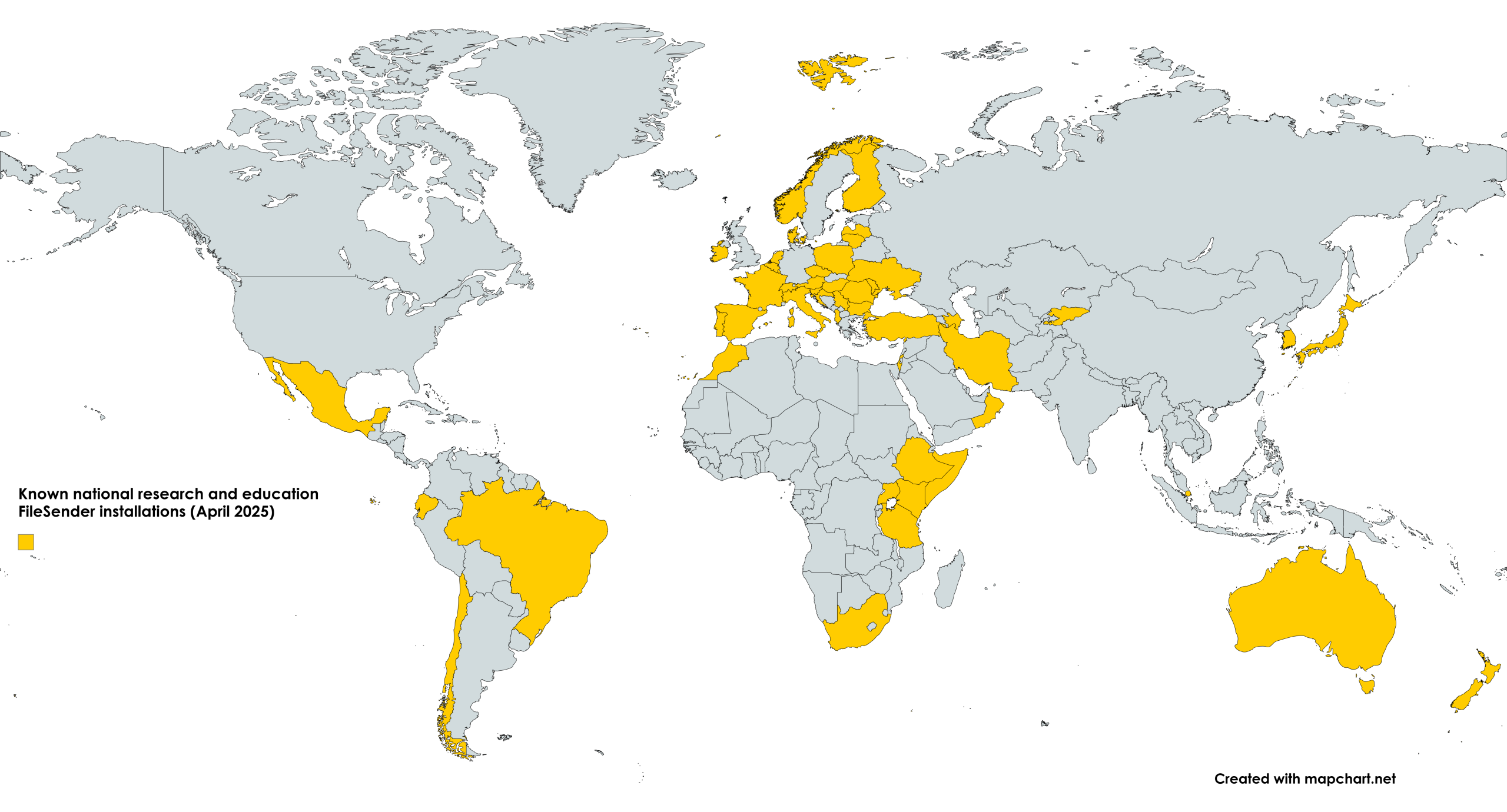 Map - Known national R&E FileSender installations - World April 2025