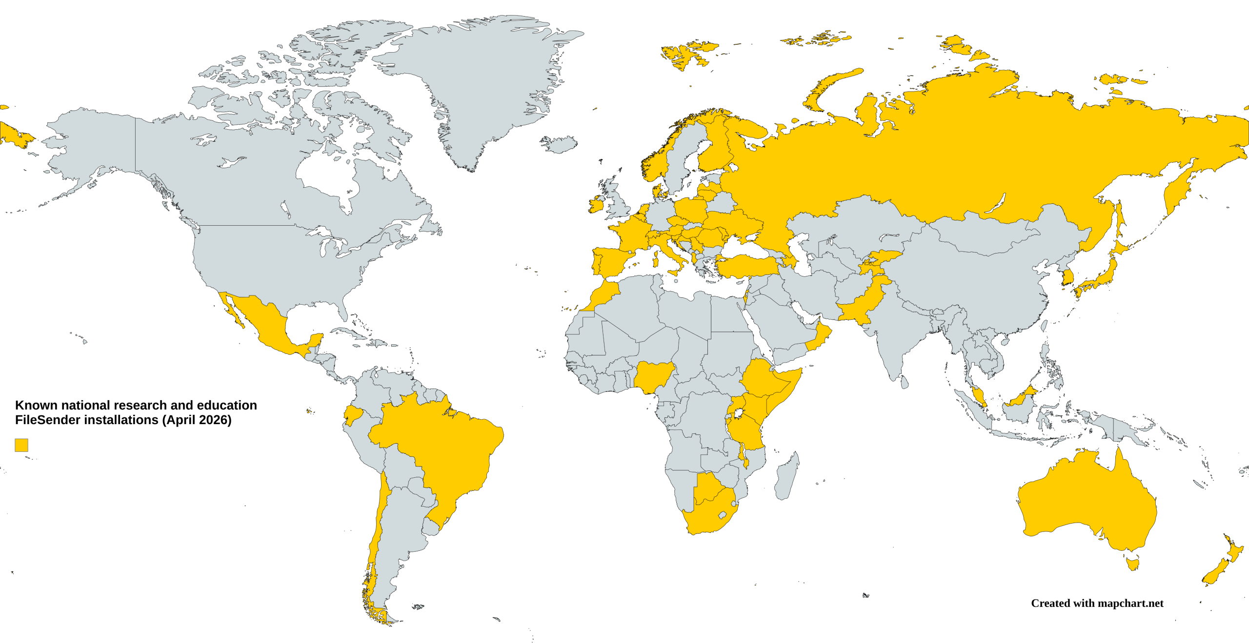 Map - Known national R&E FileSender installations - World April 2026